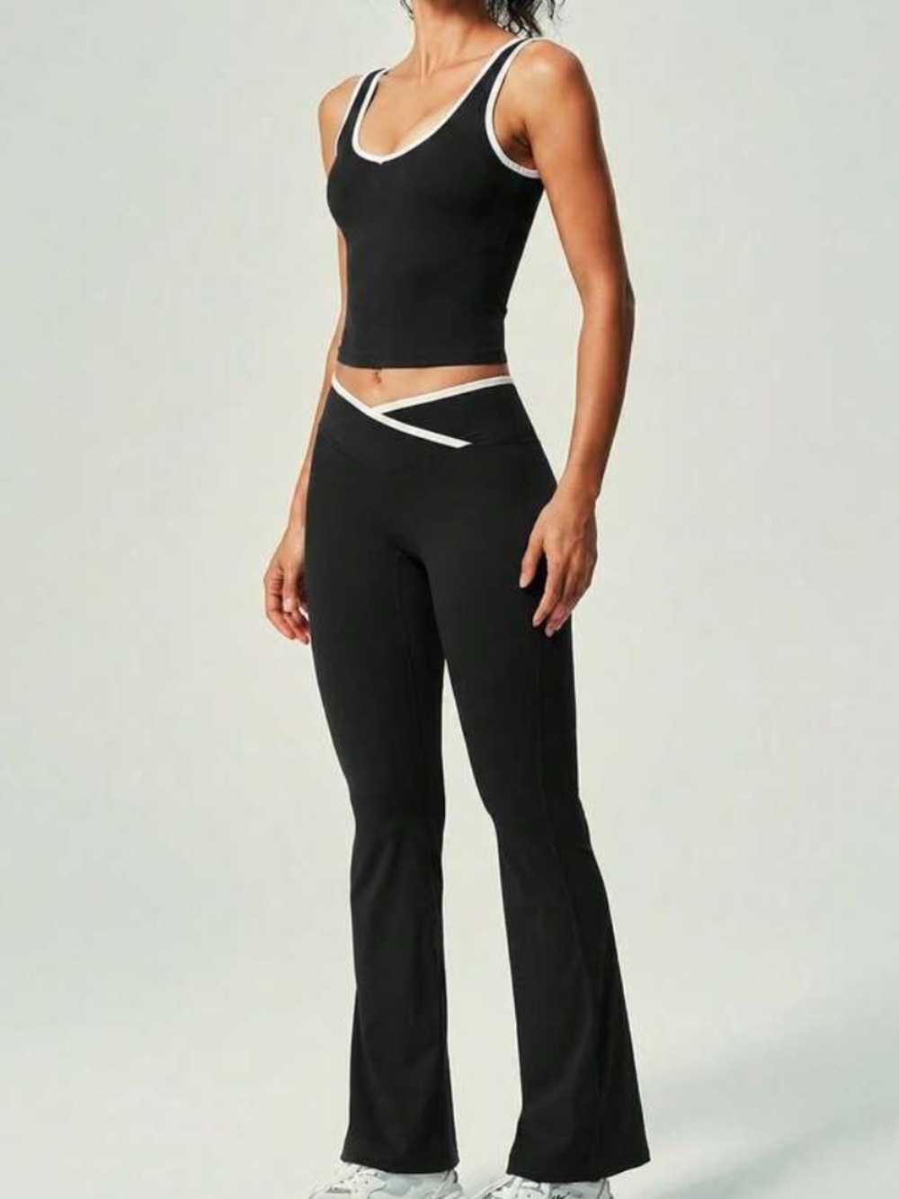 Crossover Contrast Trim Black and White Sports Bra Legging Set